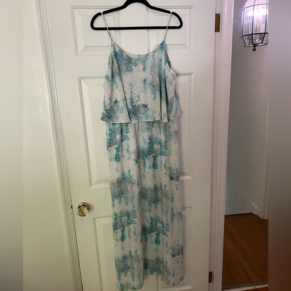 👗 Mossimo Light Aqua Paint Effect Watercolor Flounce Maxi Dress XXL